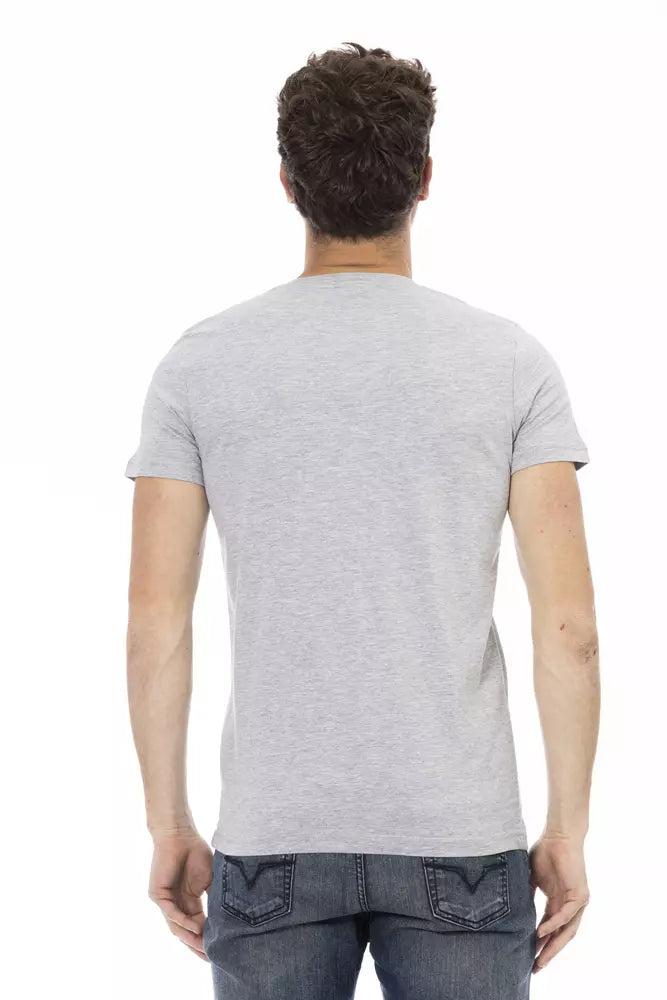 Trussardi Action Chic V-Neck Tee with Front Print in Gray