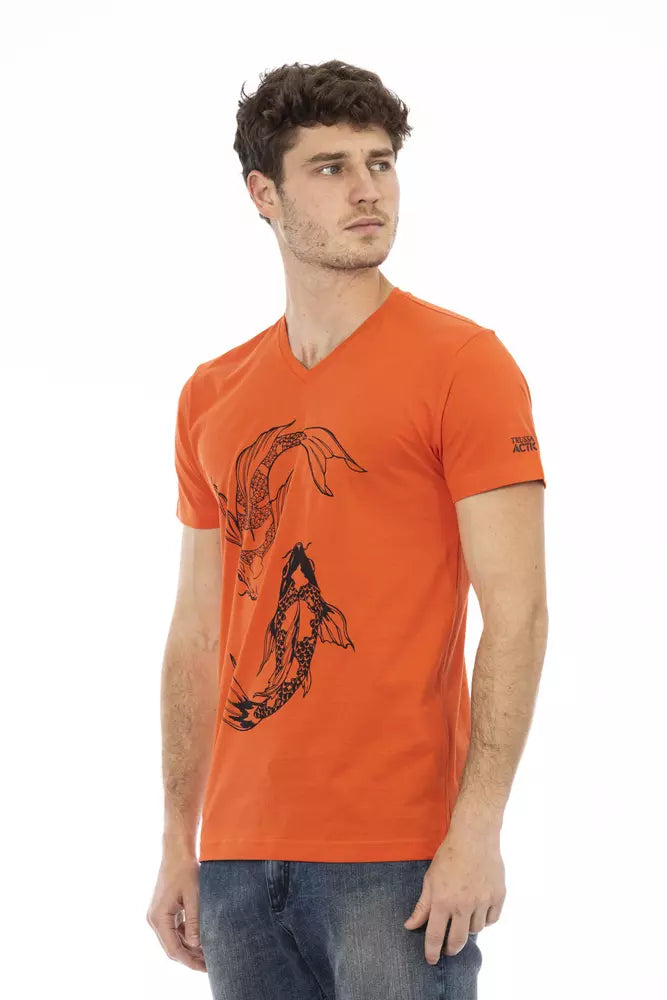 Trussardi Action Vibrant Red V-Neck Tee with Front Print