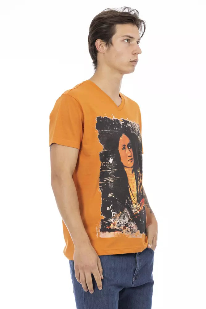 Trussardi Action Vibrant Orange V-Neck Tee with Sleek Print