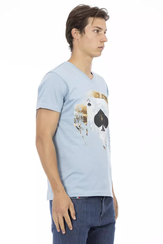 Trussardi Action Elegant Light Blue V-Neck Tee with Front Print