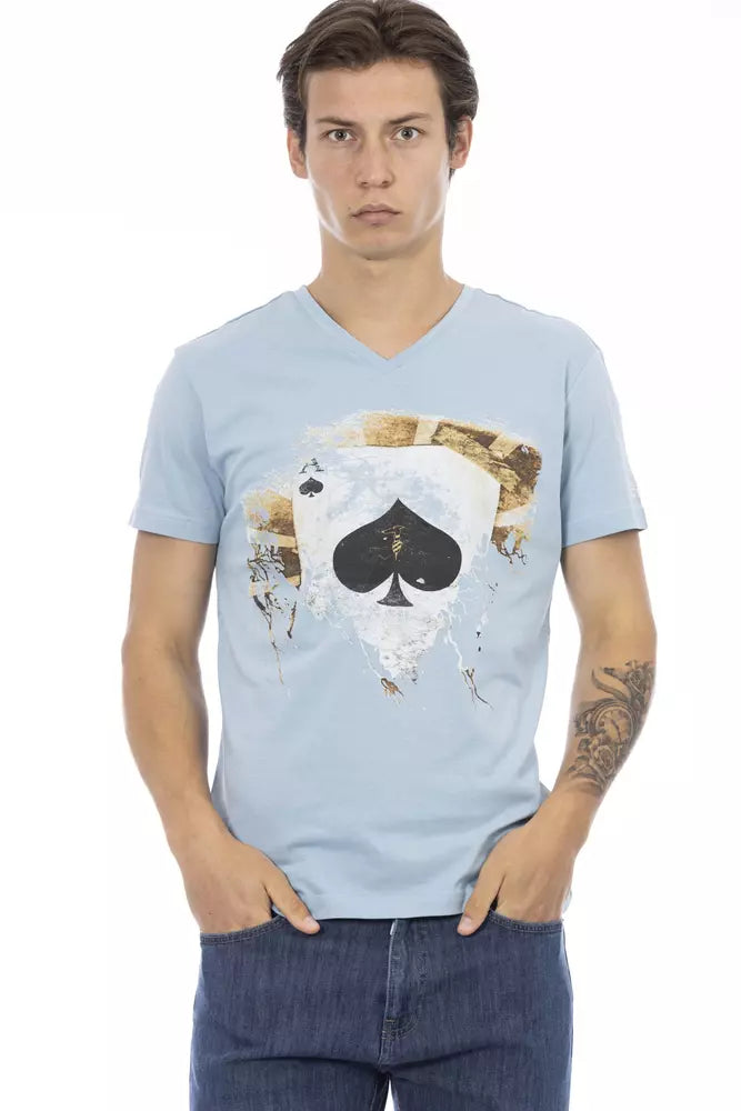 Trussardi Action Elegant Light Blue V-Neck Tee with Front Print