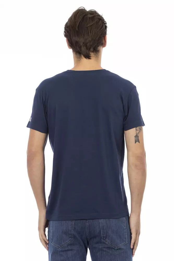 Trussardi Action Chic Blue V-Neck Tee with Bold Front Print