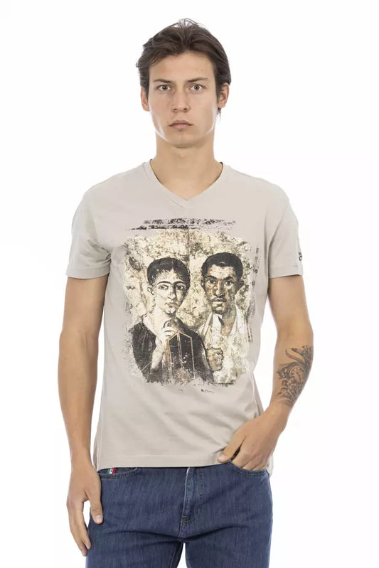 Trussardi Action Chic Beige V-Neck Tee With Front Print