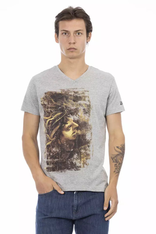 Trussardi Action Chic Gray V-Neck Tee with Stylish Front Print