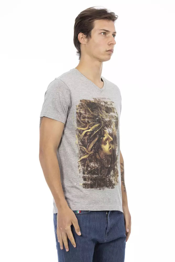 Trussardi Action Chic Gray V-Neck Tee with Stylish Front Print