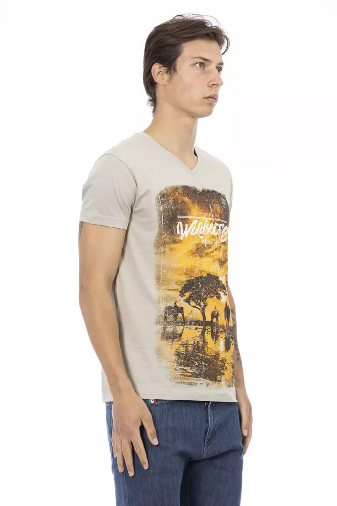 Trussardi Action Beige V-Neck Tee with Elegant Front Print