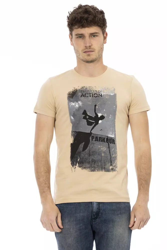 Trussardi Action Elegant Beige Round Neck Tee with Chic Print