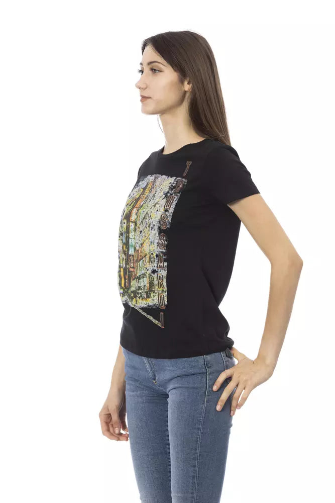 Trussardi Action Chic Black Cotton Blend Tee with Unique Front Print