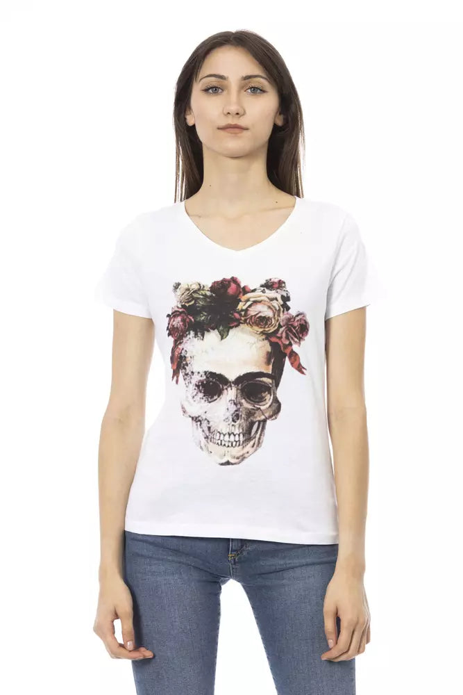 Trussardi Action Chic White V-Neck Tee with Elegant Front Print