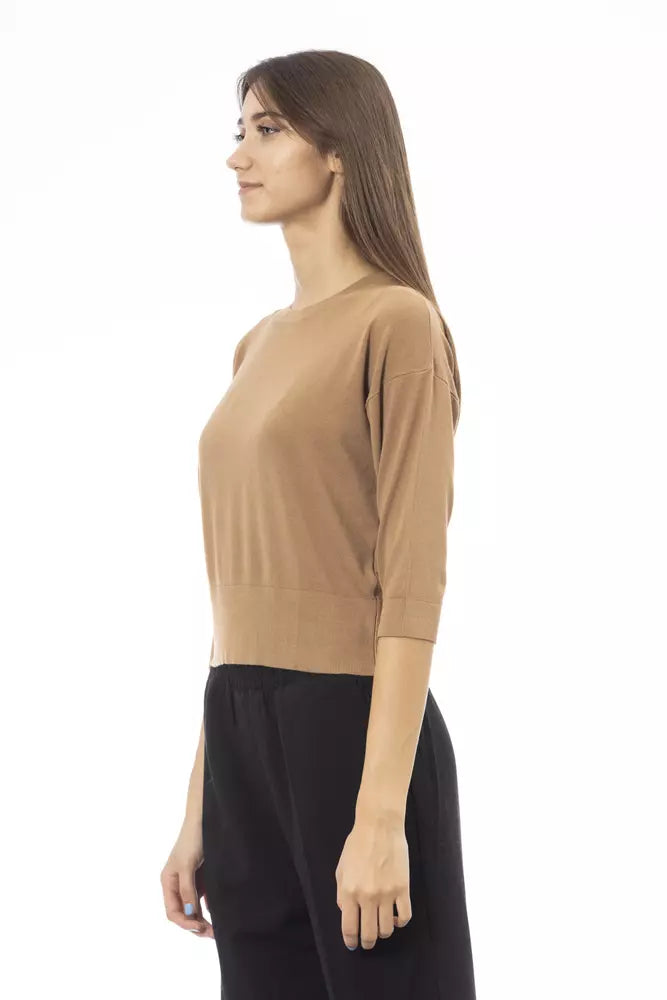 Alpha Studio Elegant Beige Crew Neck Short Sleeve Sweater