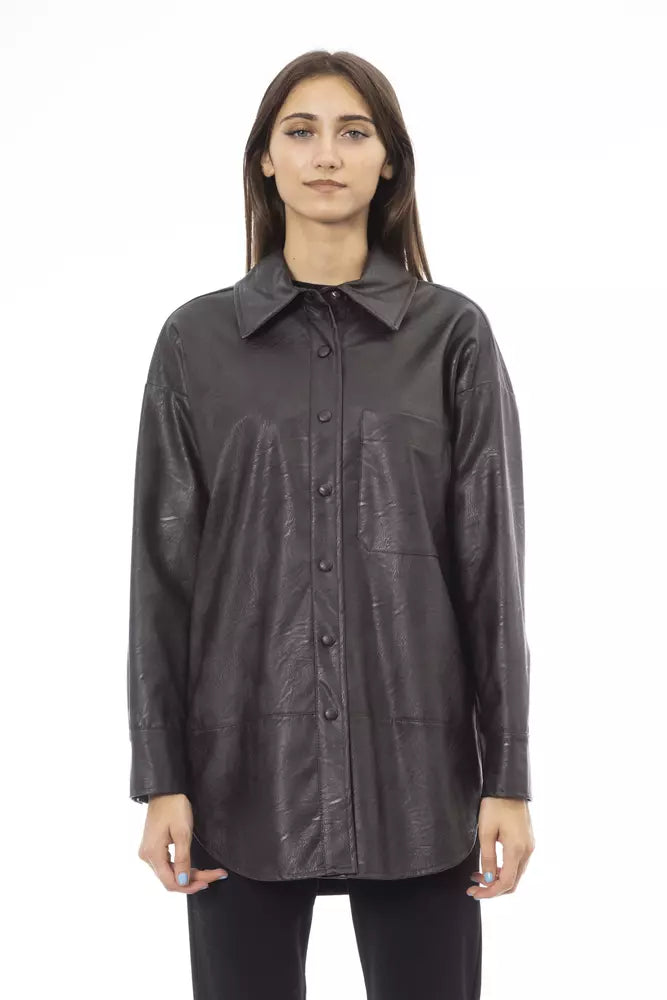 Alpha Studio Chic Brown Leatherette Shirt with Pocket Detail