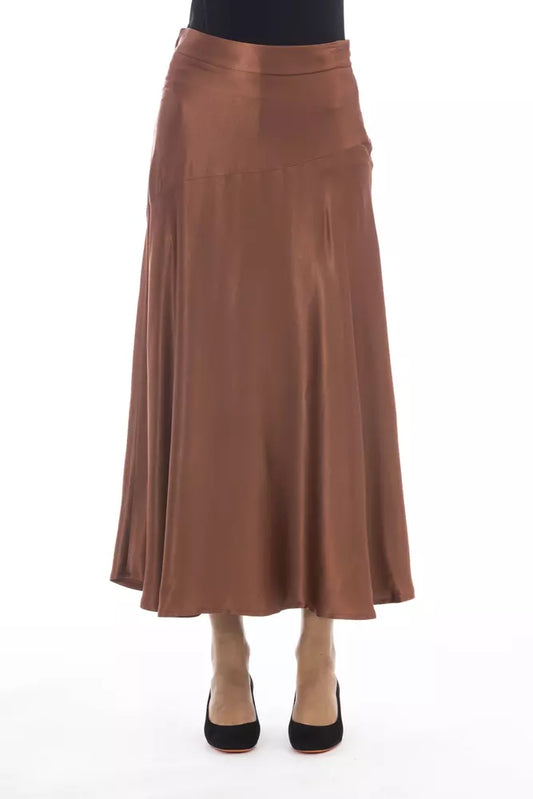 Alpha Studio Elegant Satin Midi Skirt in Rich Brown