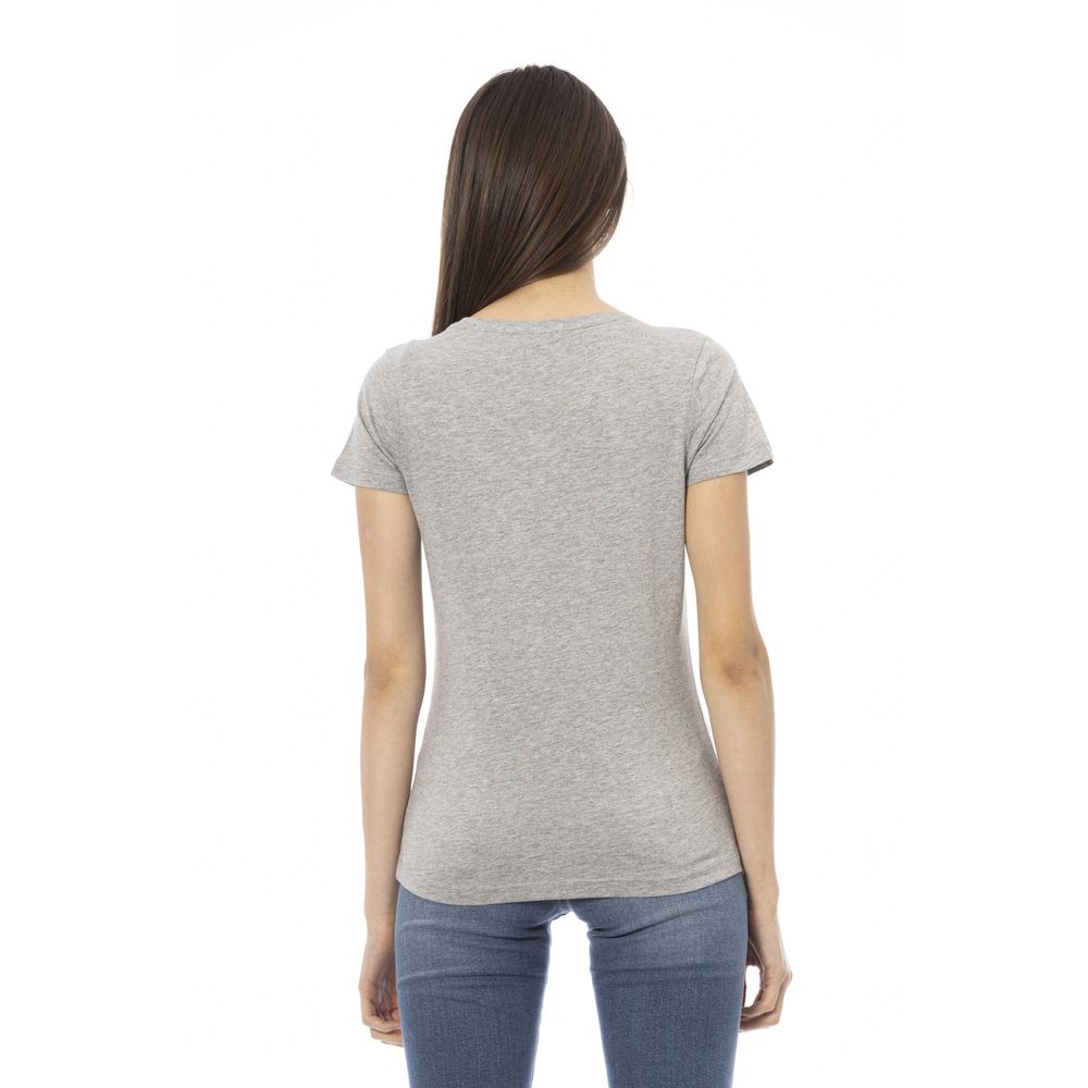 Trussardi Action Elegant Gray V-Neck Tee with Chic Print