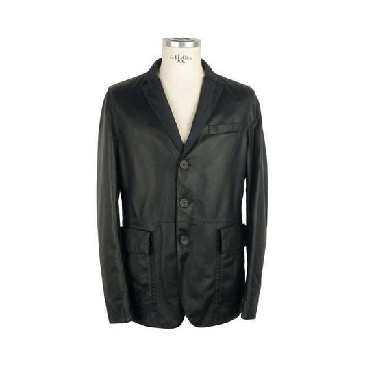 Herno Elegant Men's Leather Jacket with Classic Collar