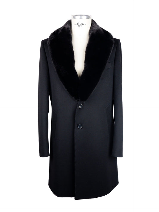 Made in Italy Elegant Black Virgin Wool Coat with Mink Fur