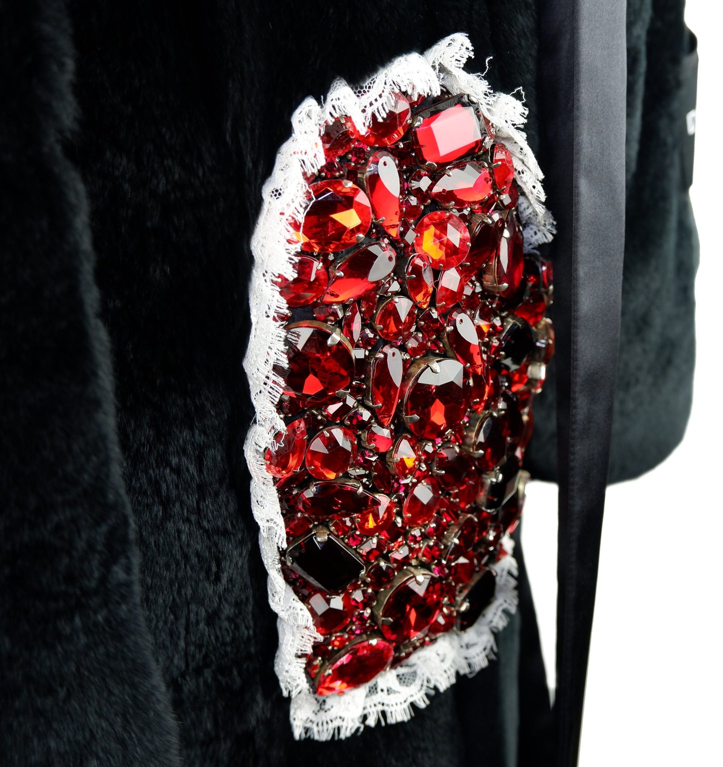 Dolce & Gabbana Elegant Black Rabbit Fur Jacket with Glass Stone Appliqué