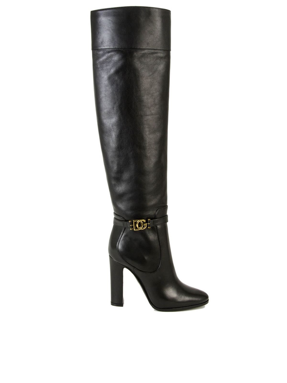 Dolce & Gabbana Elegant Black Calf Leather Boots with Gold Detail