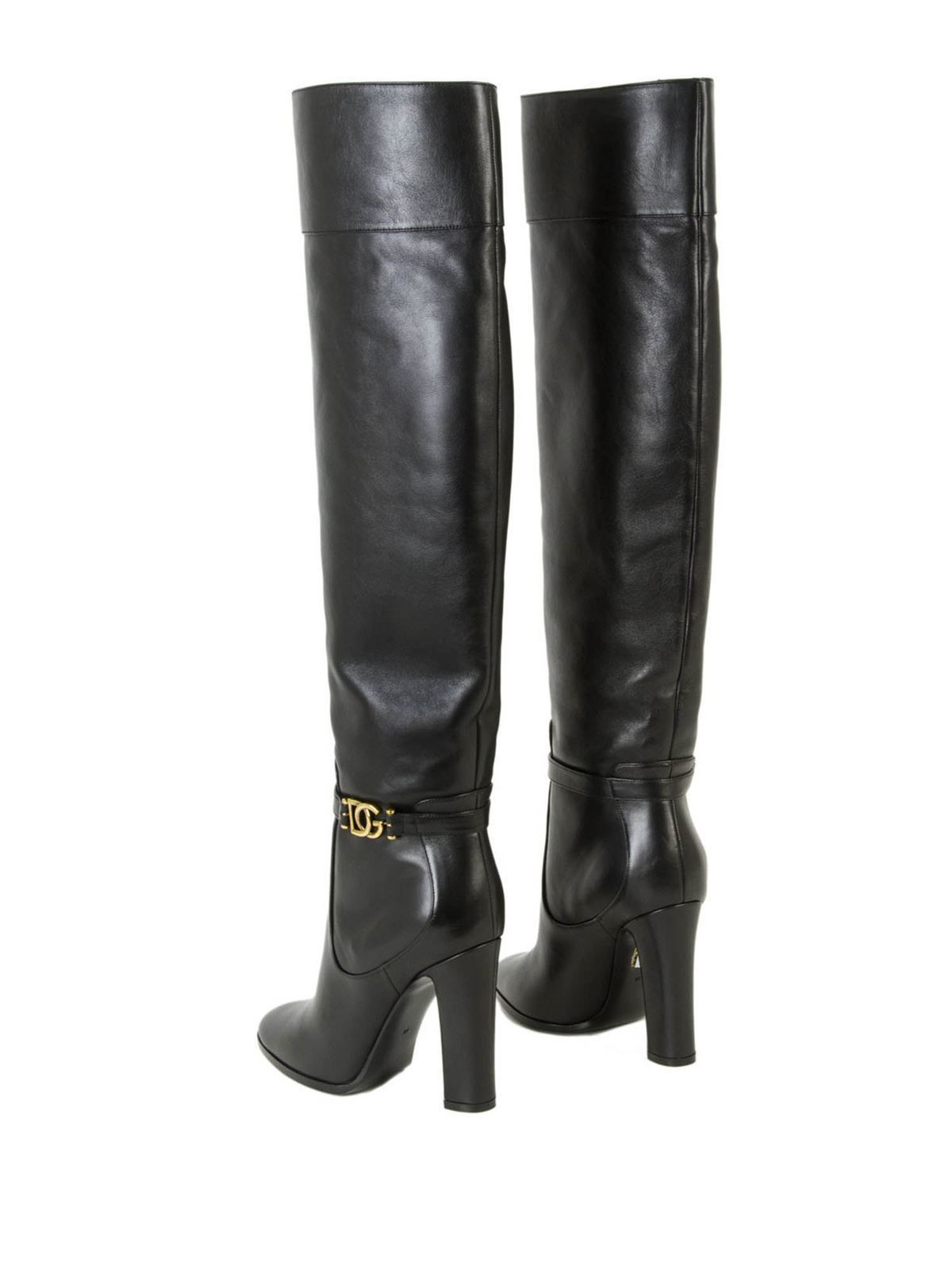 Dolce & Gabbana Elegant Black Calf Leather Boots with Gold Detail