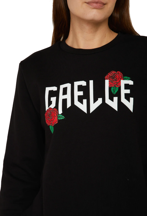 Gaelle Elegant Black Crewneck Sweatshirt with Floral Accent