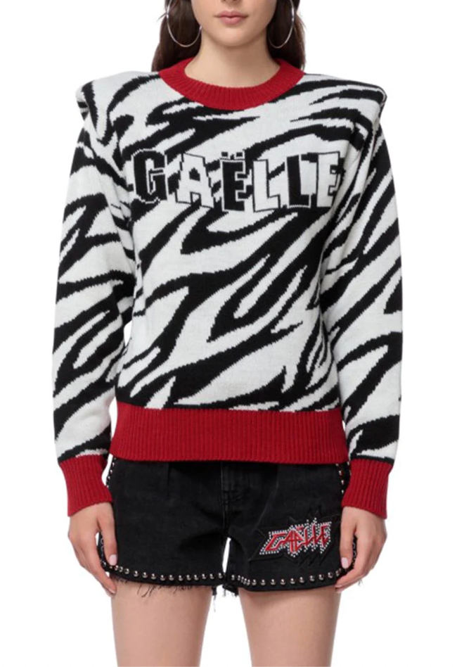 Gaelle Zebra Chic Acrylic Blend Sweater With Red Trims