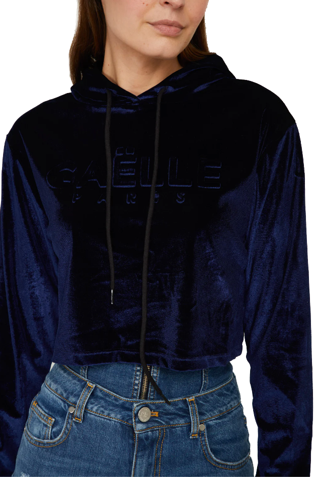 Gaelle Chic Blue Velvet Hooded Sweatshirt