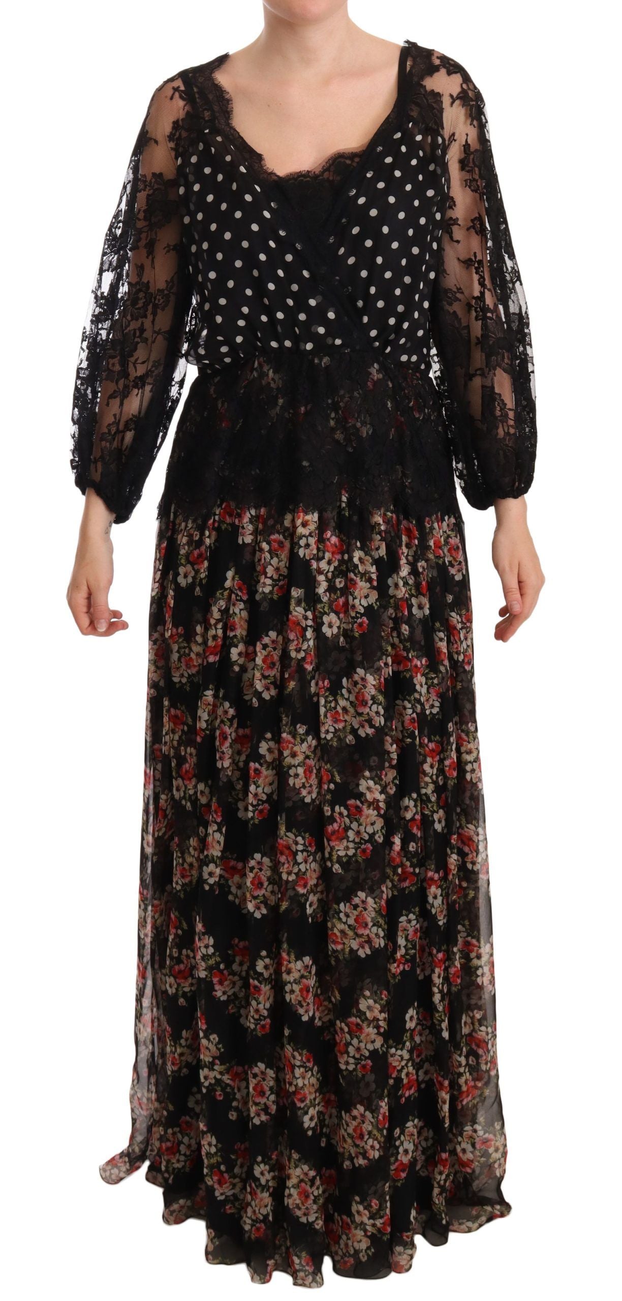 Dolce & Gabbana Elegant Lace Floral Maxi Dress with Polka Dots