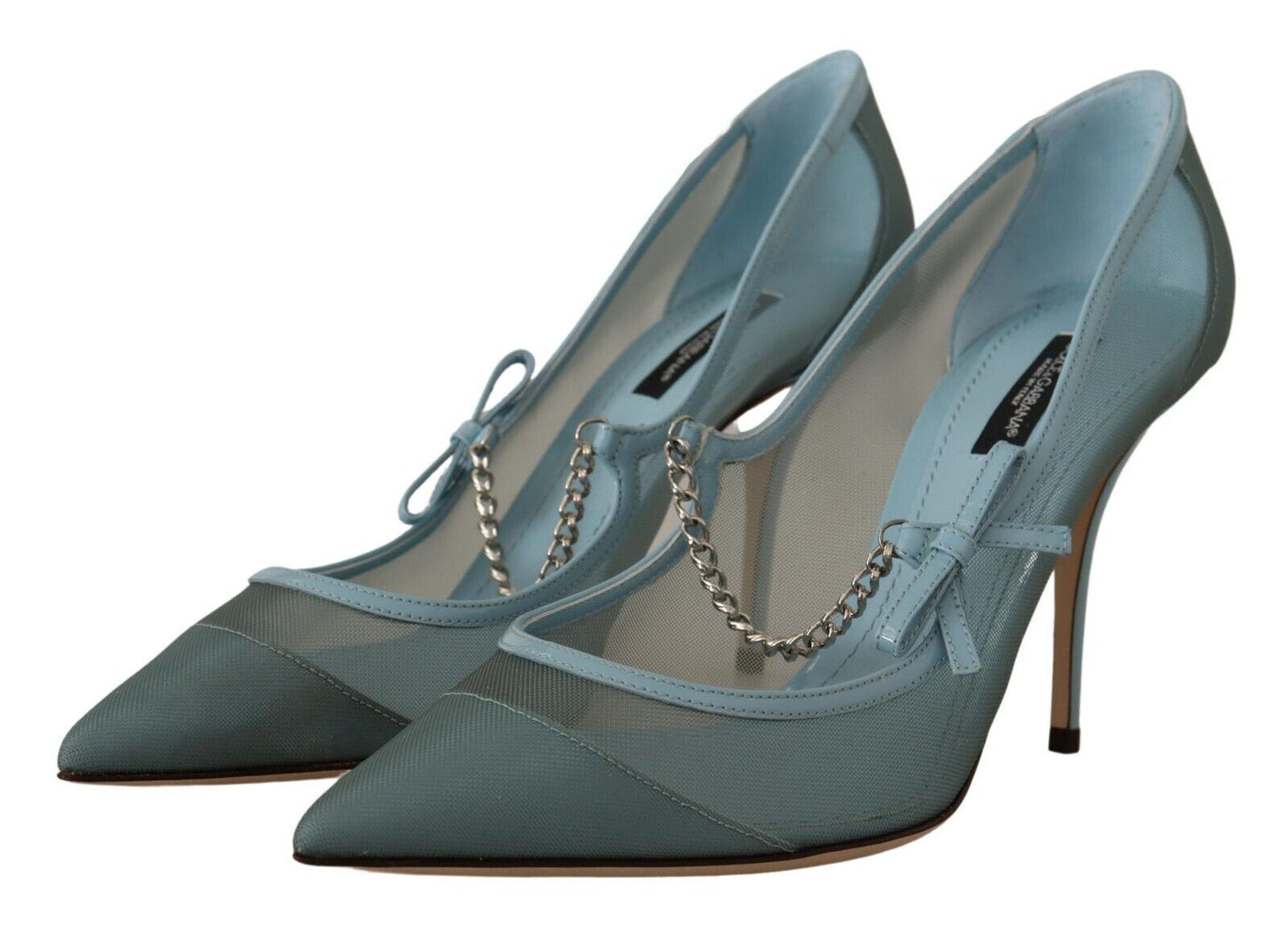 Dolce & Gabbana Chic Blue Mesh Heels with Silver Chain Details