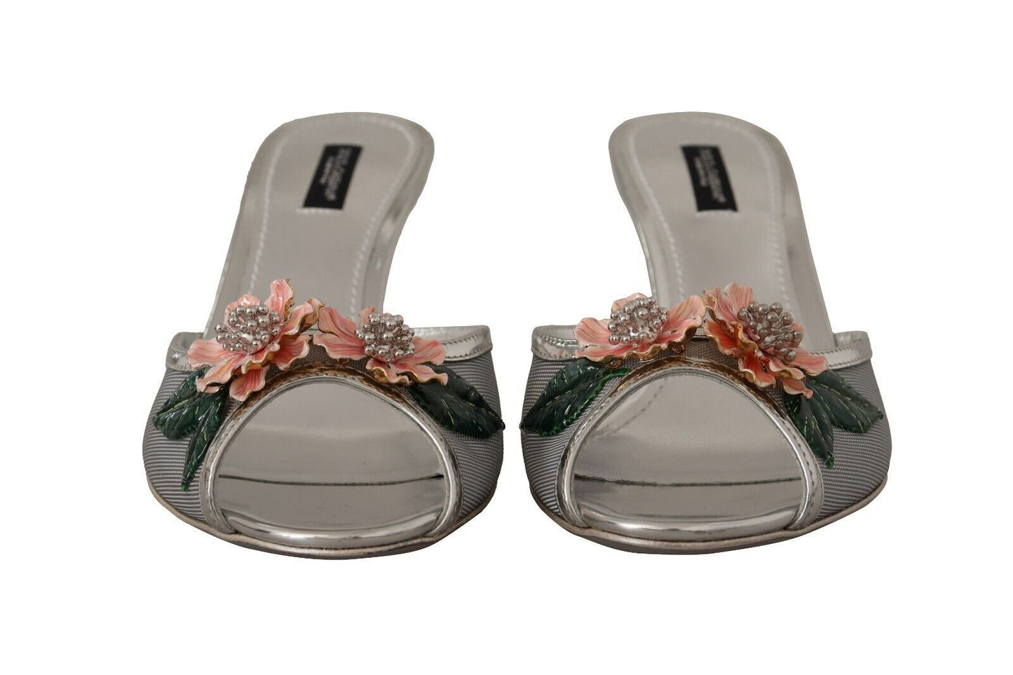 Dolce & Gabbana Elegant Silver Floral Kitten Heel Sandals