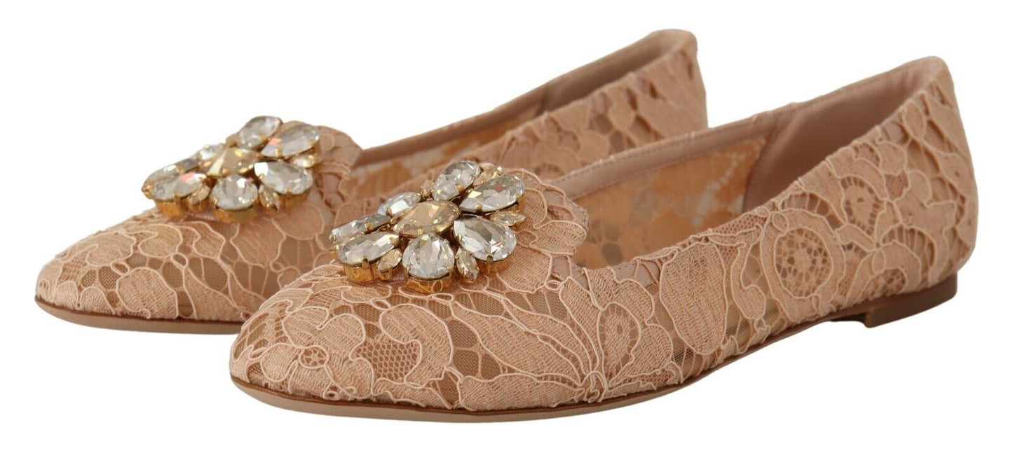 Dolce & Gabbana Elegant Beige Lace Ballet Flats with Crystal Buckle