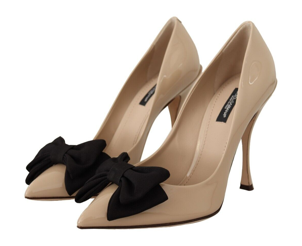 Dolce & Gabbana Beige Patent Leather Pumps with Black Bow