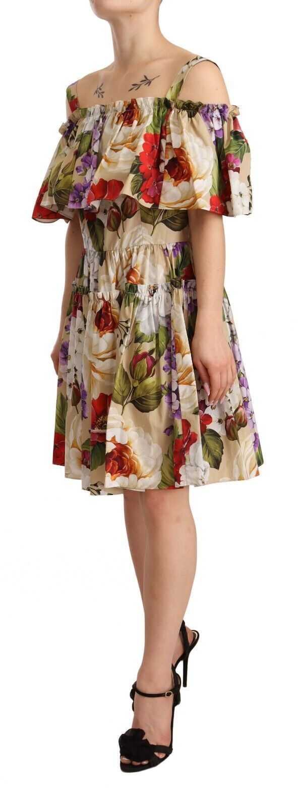 Dolce & Gabbana Elegant Beige Open Shoulder Floral Dress