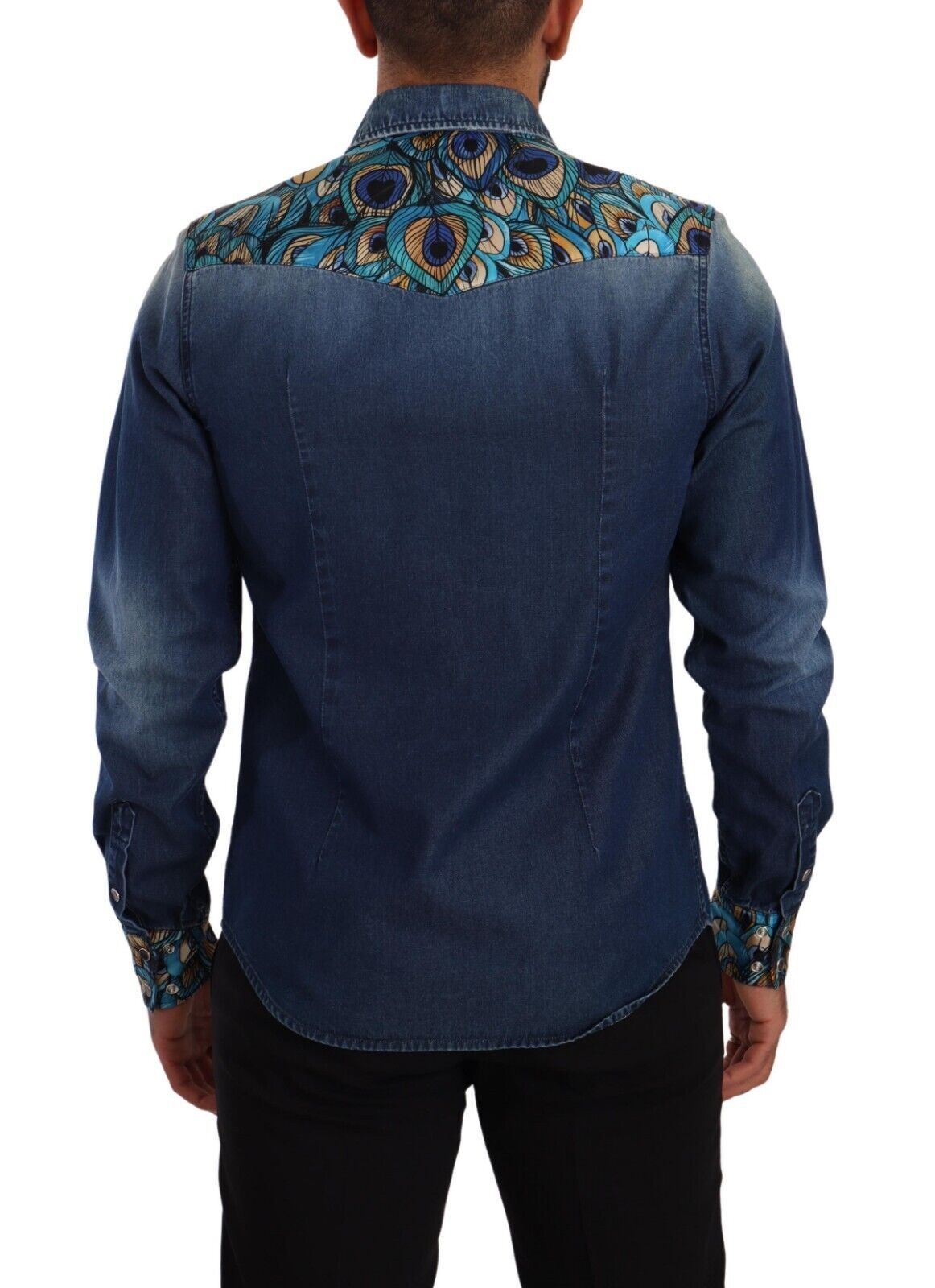 Dolce & Gabbana Peacock Print Cotton Denim Button-Down Shirt