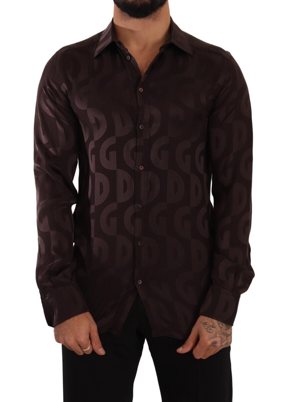 Dolce & Gabbana Bordeaux GOLD Logo Silk Slim Fit Mens Shirt