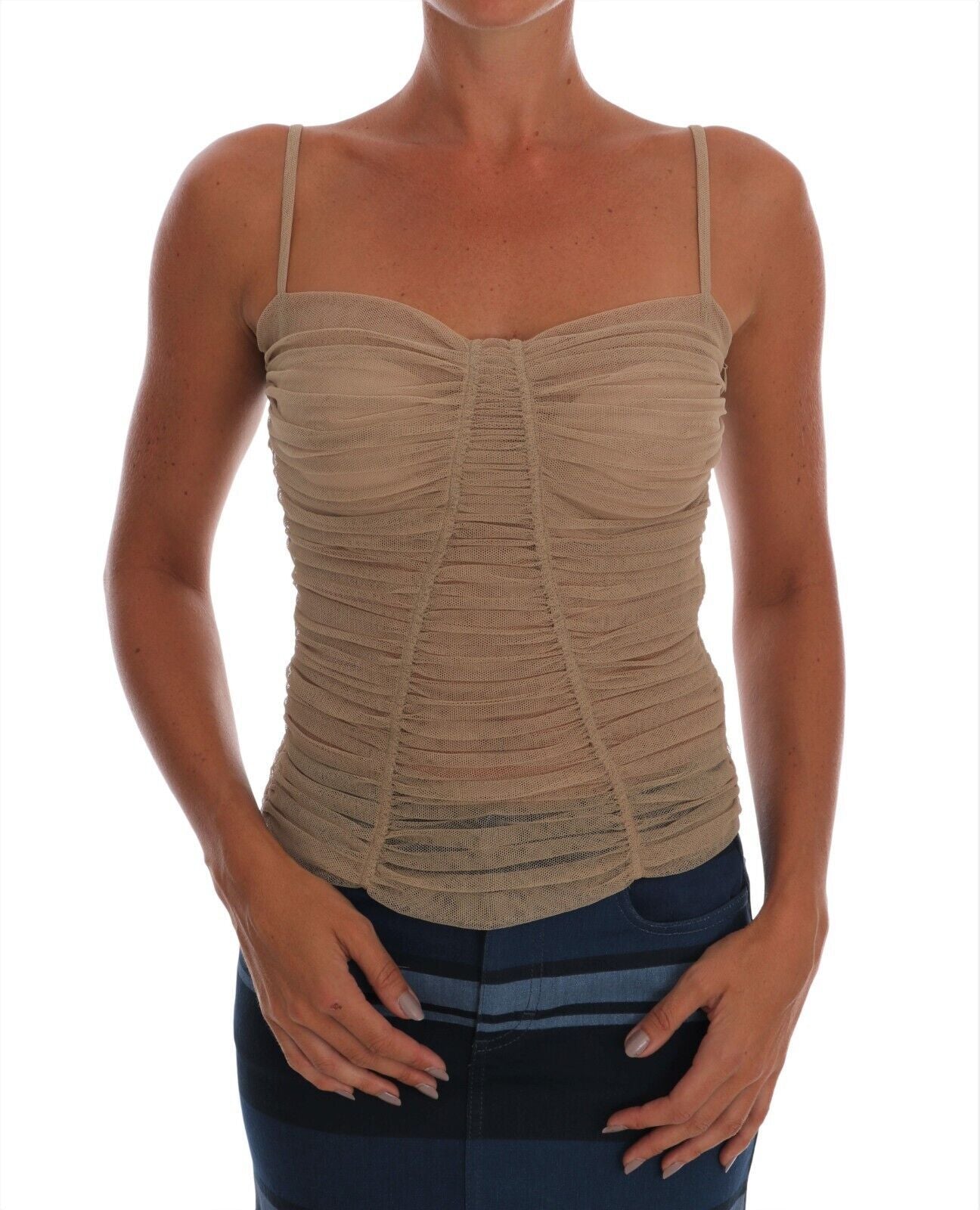 Dolce & Gabbana Beige Cotton Stretch Mesh Tank Spaghetti Strap Top