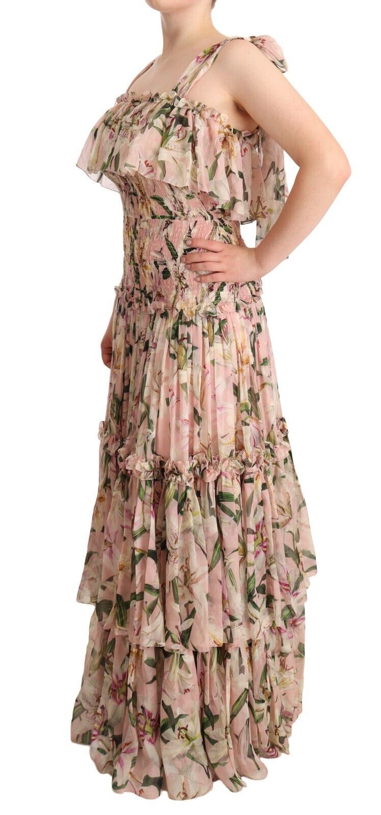 Dolce & Gabbana Elegant Floral Ruched Silk Long Dress