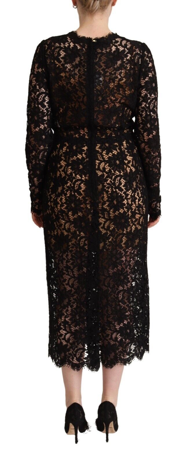 Dolce & Gabbana Black Floral Lace Cotton Midi Sheath Dress