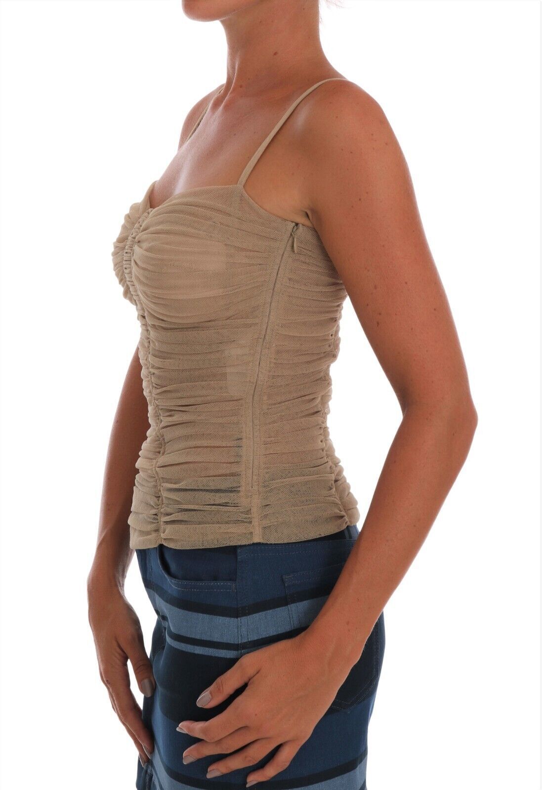 Dolce & Gabbana Beige Cotton Stretch Mesh Tank Spaghetti Strap Top