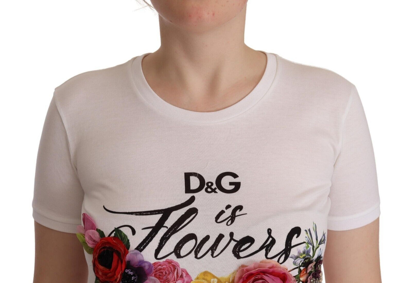 Dolce & Gabbana Elegant Floral Crystal-Embellished White Tee