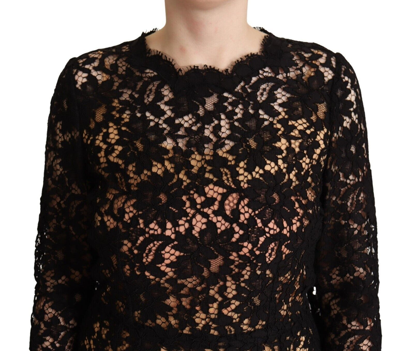 Dolce & Gabbana Black Floral Lace Cotton Midi Sheath Dress