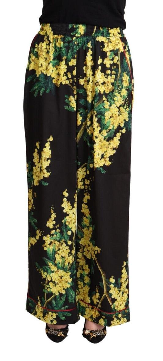 Dolce & Gabbana Black Floral Print Mid Waist Wide Leg Pants