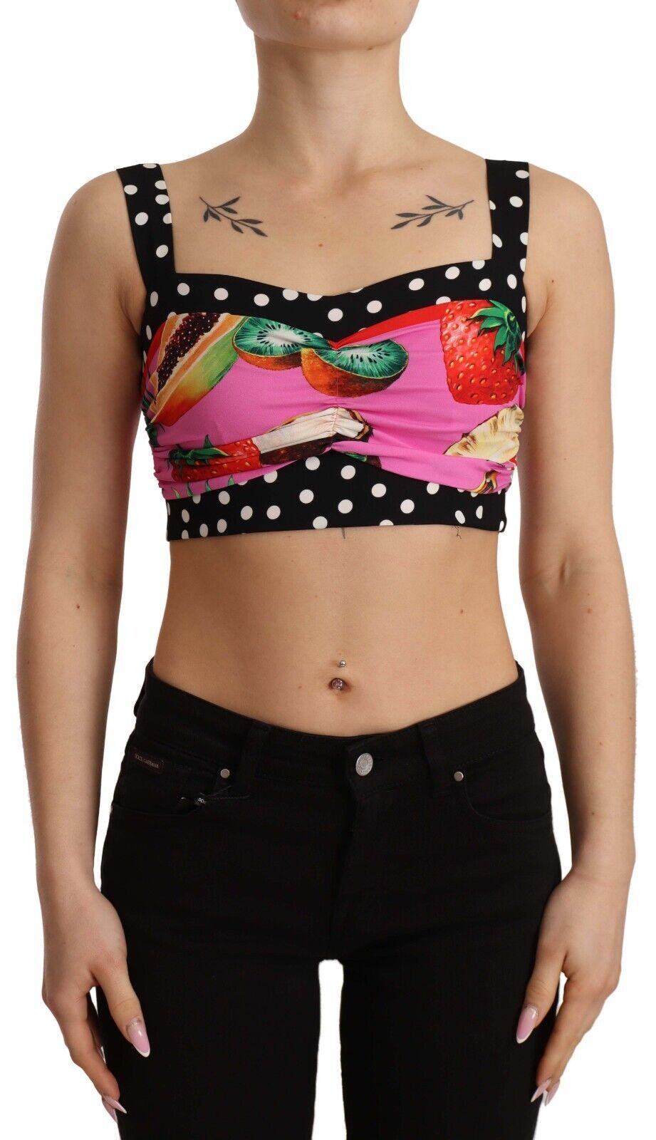 Dolce & Gabbana Elegant Polka Dot & Fruit Silk Crop Top