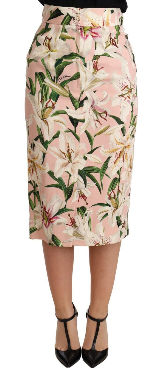 Dolce & Gabbana Elegant Pink Lily Print Midi Skirt