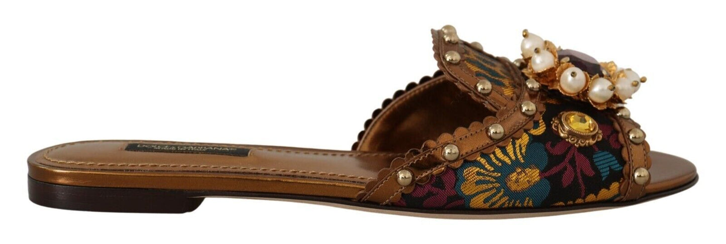 Dolce & Gabbana Chic Floral Print Flat Sandals with Faux Pearl Detail