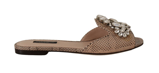 Dolce & Gabbana Crystal Embellished Nude Leather Slides