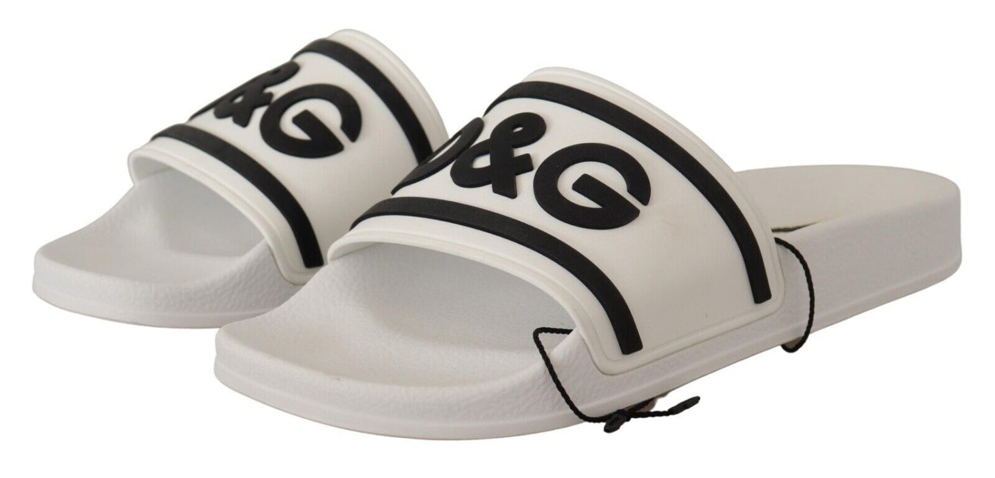 Dolce & Gabbana Elegant White Slides with Bold Black Logo