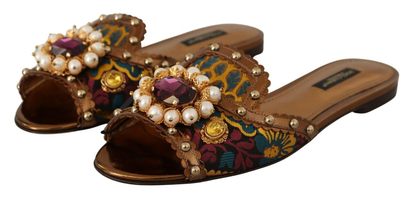 Dolce & Gabbana Chic Floral Print Flat Sandals with Faux Pearl Detail