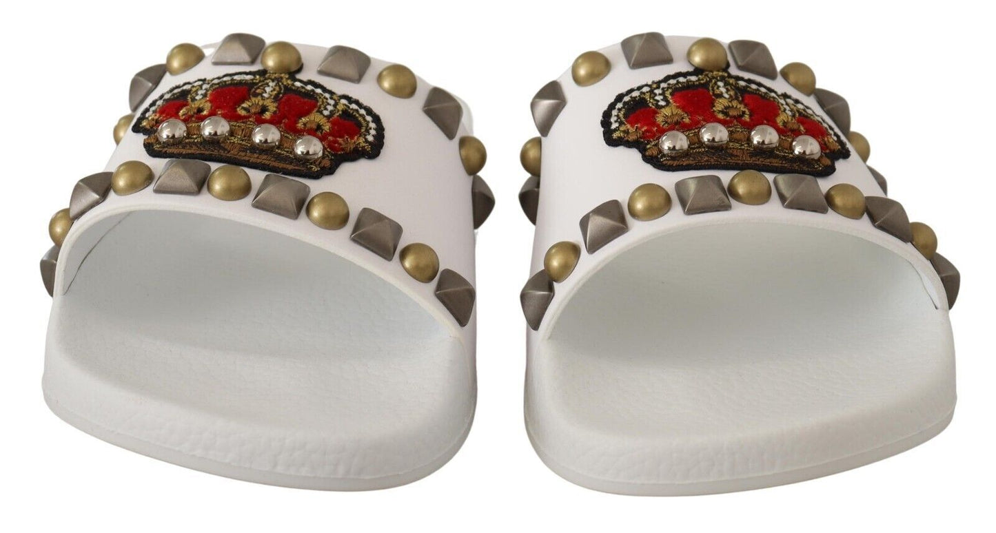 Dolce & Gabbana Regal White Leather Slides with Crown Patch