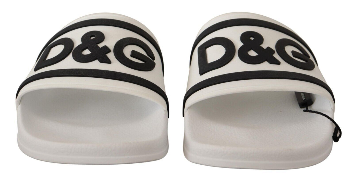 Dolce & Gabbana Elegant White Slides with Bold Black Logo