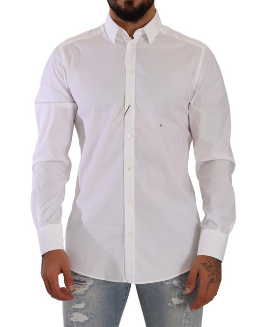 Dolce & Gabbana White GOLD Cotton Blend Dress Men Formal Shirt