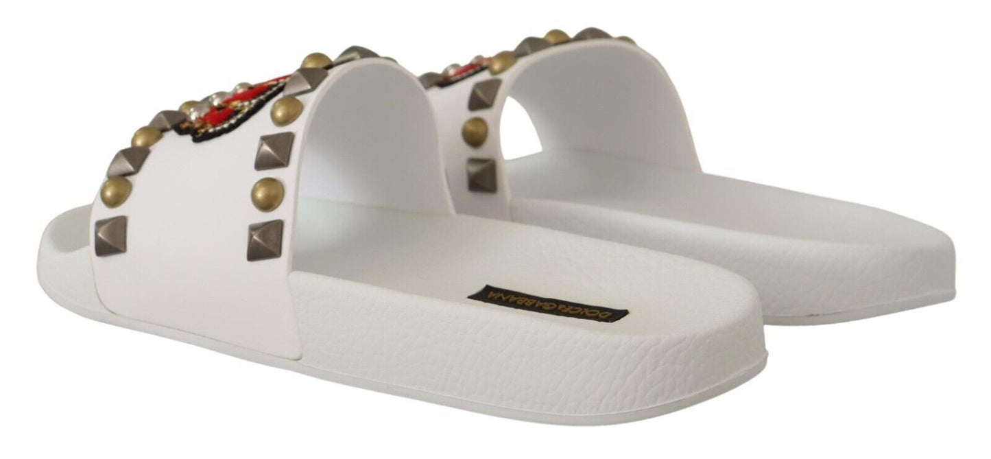 Dolce & Gabbana Regal White Leather Slides with Crown Patch